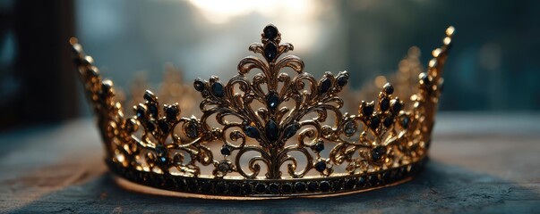 Line tiara in retro vintage concept. Beautiful golden crown adorned with intricate designs and gems.