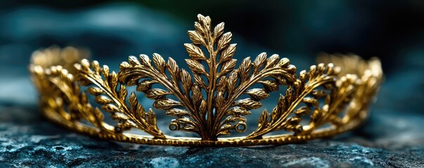Line tiara in retro vintage concept. Elegant gold crown with intricate leaf designs on a textured surface.
