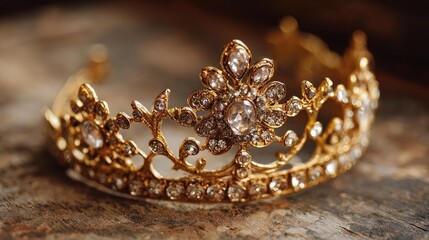 Line tiara in retro vintage concept. Elegant golden tiara adorned with dazzling gemstones and details.