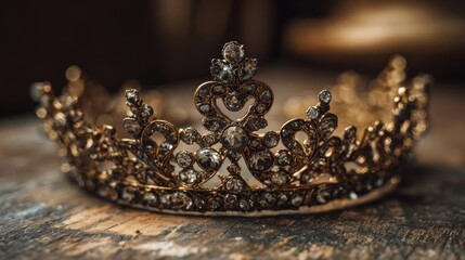 Line tiara in retro vintage concept. An ornate crown featuring intricate designs and sparkling jewels.