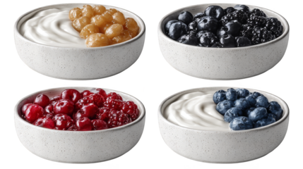 Four bowls of fresh fruit and yogurt, a healthy delicious start to your day.