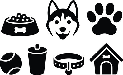 Dog icons set vector illustration of husky paw print bowl ball house collar and drink icon set