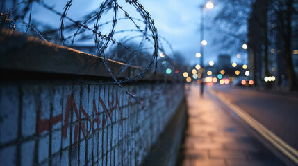 Urban evening scene with barbed wire fence on city sidewalk