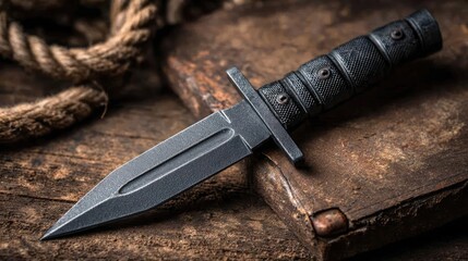 Tactical dagger with classic model concept. A close-up of a black knife resting on wooden planks and rope.