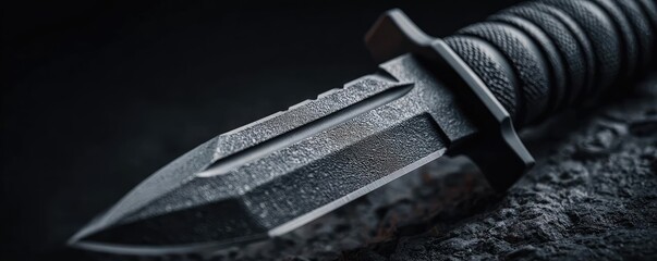 Tactical dagger with classic model concept. Close-up of a tactical knife with a textured blade for sharpening.