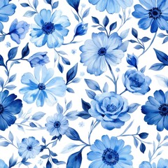 Fototapeta premium Elegant blue floral watercolor seamless pattern. Delicate flowers and leaves create vintage, hand-drawn design perfect for textiles, wallpaper, and wedding invitations. Botanical art with retro feel.