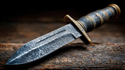 Tactical dagger with classic model concept. A close-up of an antique dagger resting on a wooden surface.