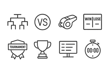 Sports icons set including trophy, whistle, tournament badge, and scoreboard