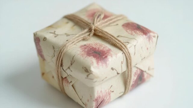A small gift wrapped in paper and tied with twine, ready for giving