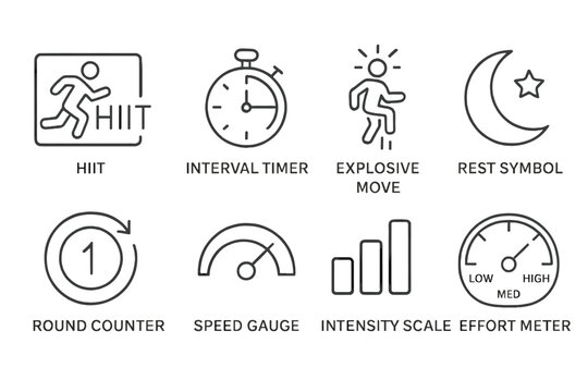 Hiit workout icons: interval timer, explosive moves, rest, rounds, speed, intensity, effort