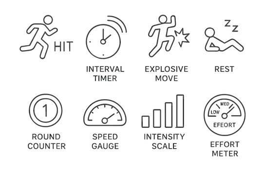Illustrated fitness icons: hit, interval timer, explosive move, rest, round counter, speed gauge, intensity scale, effort meter