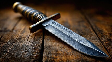 Tactical dagger with classic model concept. An elegant knife resting on a wooden surface, showcasing craftsmanship.