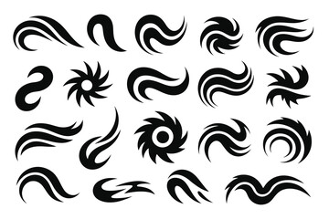 
Collection of abstract swirling brush stroke wavy circular shapes, elements, and decorative design motifs on a white background