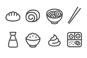 Asian food symbols - rice, sushi, noodles, chopsticks, soy bottle, bento