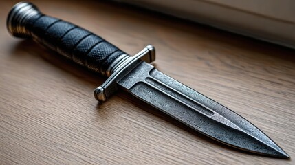 Tactical dagger with classic model concept. A close-up of a vintage knife resting on a wooden surface.