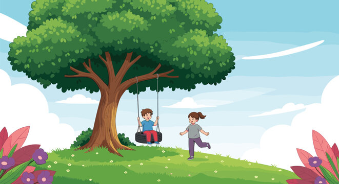 Cartoon children playing outdoors with tire swing under tree, vector illustration of joyful nature scene with flowers and blue sky