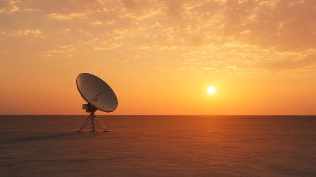 Massive satellite dish pointing toward twilight sky, silhouetted against warm orange horizon, scanning distant cosmic landscapes for potential extraterrestrial communication signals