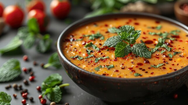 Orange soup in a dark bowl, garnished with mint and spices on a dark surface with scattered ingredients - Powered by Adobe