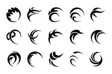 
Collection of abstract swirling brush stroke wavy circular shapes, elements, and decorative design motifs on a white background