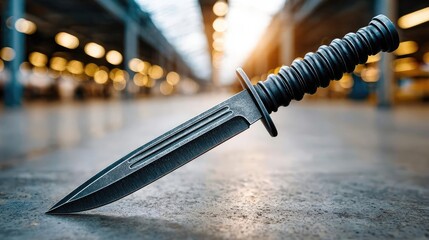 Tactical dagger with classic model concept. Close-up of a tactical knife resting on a concrete surface.