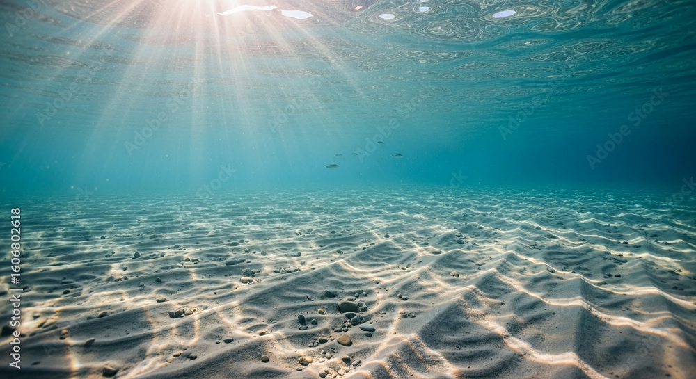 Poster underwater scene showing sunbeams illuminating sandy ocean floor, creating textured patterns, symbol
