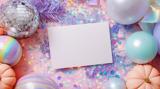 Blank pastel party card surrounded by balloons glitter disco ball and pumpkins
