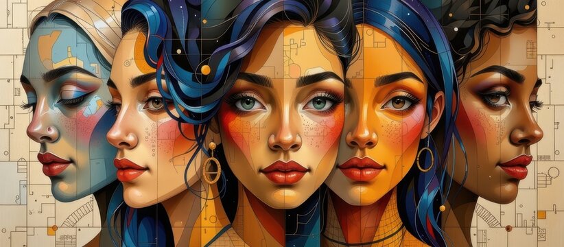 Intersectional feminism concept. Five diverse female faces illustrated in a colorful, abstract style.