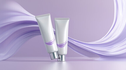 Cosmetic cream tubes with flowing lavender texture on purple background