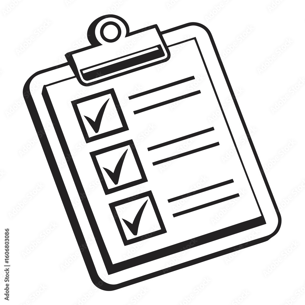 Poster a black and white illustration of a clipboard with a checklist, featuring three completed tasks mark