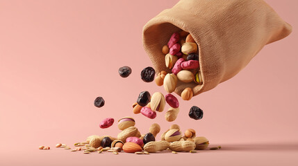 Mixed nuts and dried fruits spilling from burlap sack on pastel background