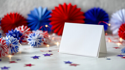 Blank greeting card with patriotic red white and blue decorations