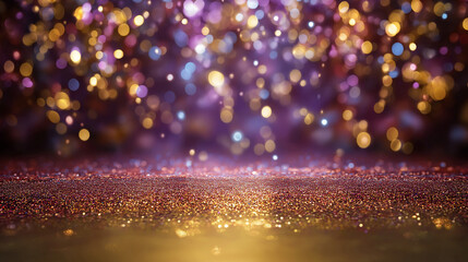 Glittering purple and gold festive background with bokeh lights