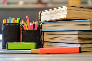 A stack of textbooks with a set of highlighters, a pencil case, and a ruler neatly placed beside them on a study table. The composition is minimalistic and well-organized.