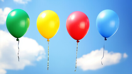 Colorful balloons floating in blue sky with clouds