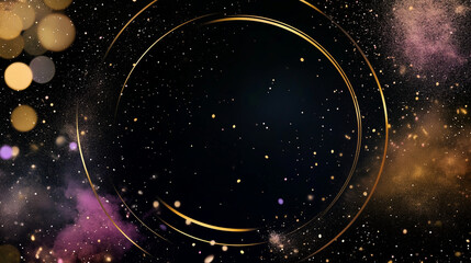 Luxury cosmic background with gold circle frame and glittering particles