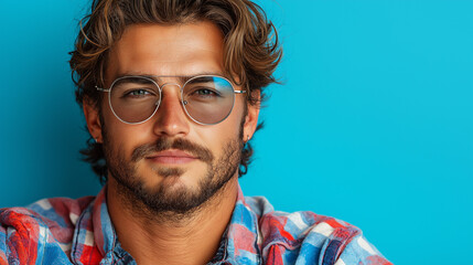 Confident young man in glasses with plaid shirt on blue background