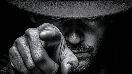 Intense man in hat pointing forward with dramatic shadows in black and white