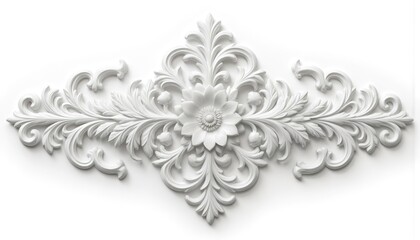 Fototapeta premium Elegant white floral ornament, 3D rendering shows intricate scrolling leaves, central flower. Baroque-style decorative element features classic ornate details, suitable for vintage luxury design
