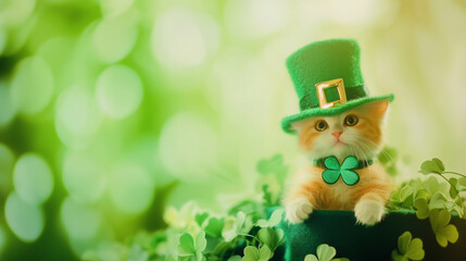 Cute kitten in leprechaun hat with clover bow tie celebrating St. Patrick’s Day