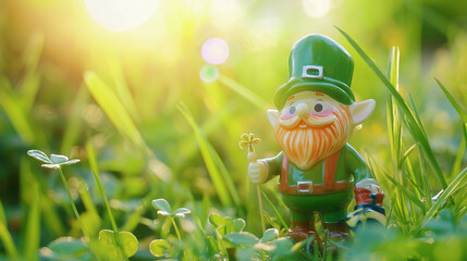Cute leprechaun figurine with clover standing in sunny grass field