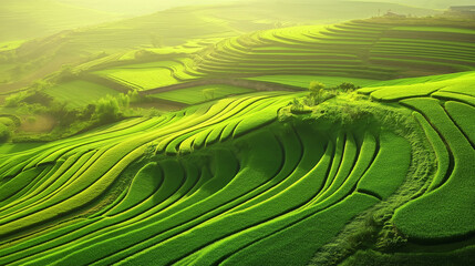  Lush green terraced rice fields in morning sunlight