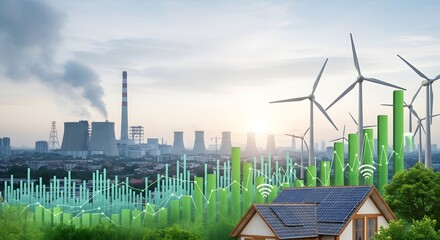 Concept of green energy evolution showing solar power and wind farms replacing polluting industrial factories with growth charts