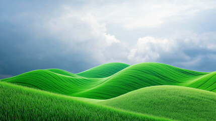Rolling green hills with grass under cloudy sky
