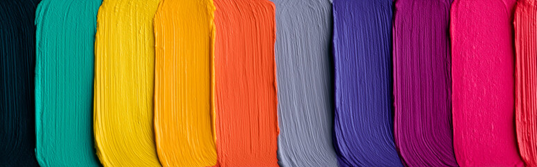 Colorful paint strokes in vertical rainbow palette on canvas