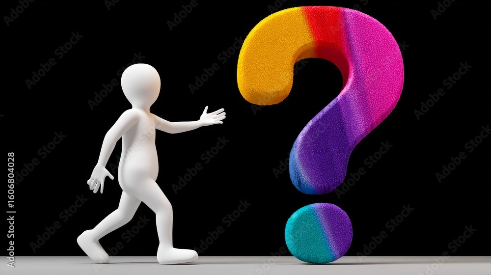 Poster man is walking towards a colorful question mark