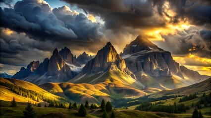 Dramatic mountain range bathed in golden hour sunlight under a stormy sky