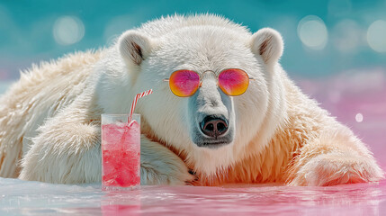 Cool polar bear in sunglasses relaxing with pink drink