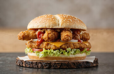 Hearty sandwich with layers of crispy fried chicken fillets, nuggets. Nestled in sesame seed bun with melted cheese, fresh lettuce, ripe tomato slices, onions, creamy sauce. Perfect for lunch dinner.