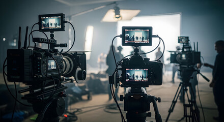 Professional Film Crew at Work Behind the Scenes of a Studio Production