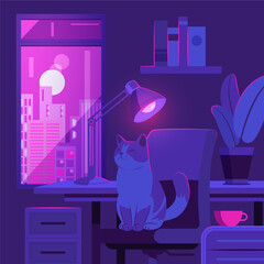 Vibrant and Atmospheric Lofi Retro Scene Flat Composition with Cat